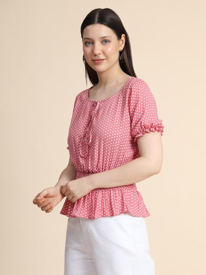 Toochki Womens Baby Pink Muslin Polka Dot Crop Western Top | Winter Top | Western Top | Top for Women | Latest Women Top | Tren