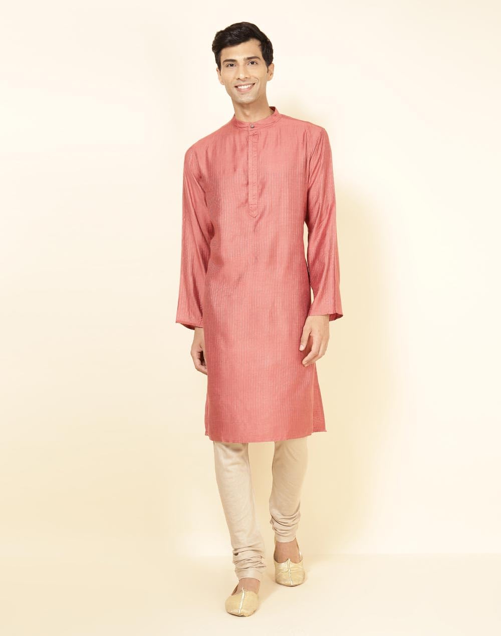 Fabindia Men's Viscose Blend Printed Comfort Fit Kurta (1028868CORAL_Coral