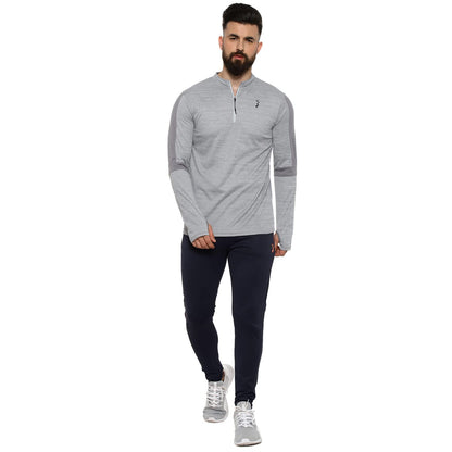 Campus Sutra Mens Light Grey Full Sleeve Regular Fit T-Shirt for Active Wear |Zip Closure|T-Shirt Crafted with Comfort Fit and