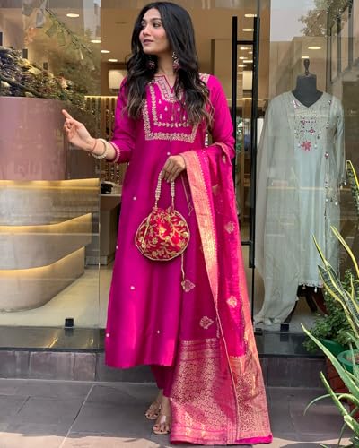 GoSriKi Women's Silk Blend Straight Kurta with Pant & Dupatta, 4XL, Pink, Model Kosapet Pink-GS
