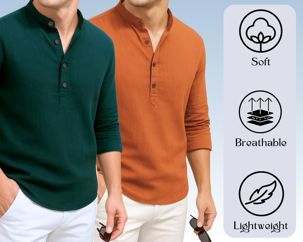 Deelmo Combo Of MenS Cotton Blend Solid Regular Fit Full Sleeve Short Kurta | MenS Trendy Short Kurta Pack Of 2