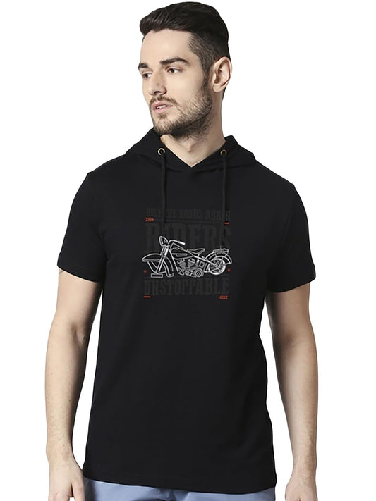 Bewakoof Mens Graphic Printed Regular Fit Half Sleeve Hooded Neck Cotton T-Shirt_ 295720 Black M
