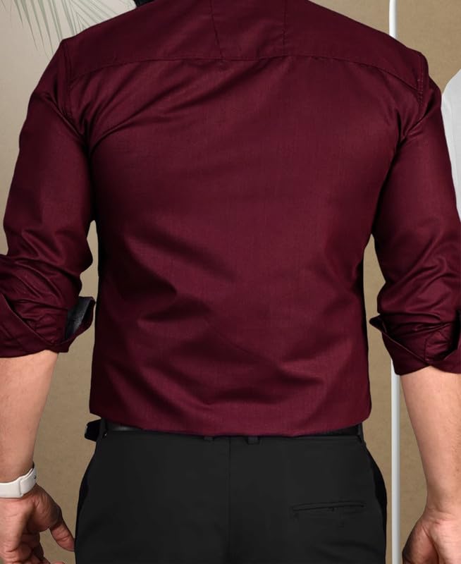 Pinkmint Men Cotton Soild Spread Collar Long Sleeve Shirt Formal Wear Maroon