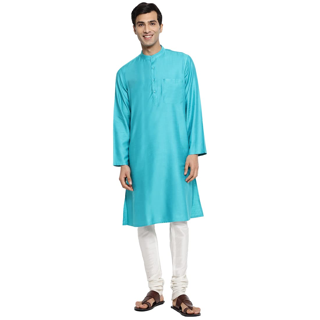 Fabindia MenS Turquoise Viscose Silk Woven Comfort Fit Long Kurta