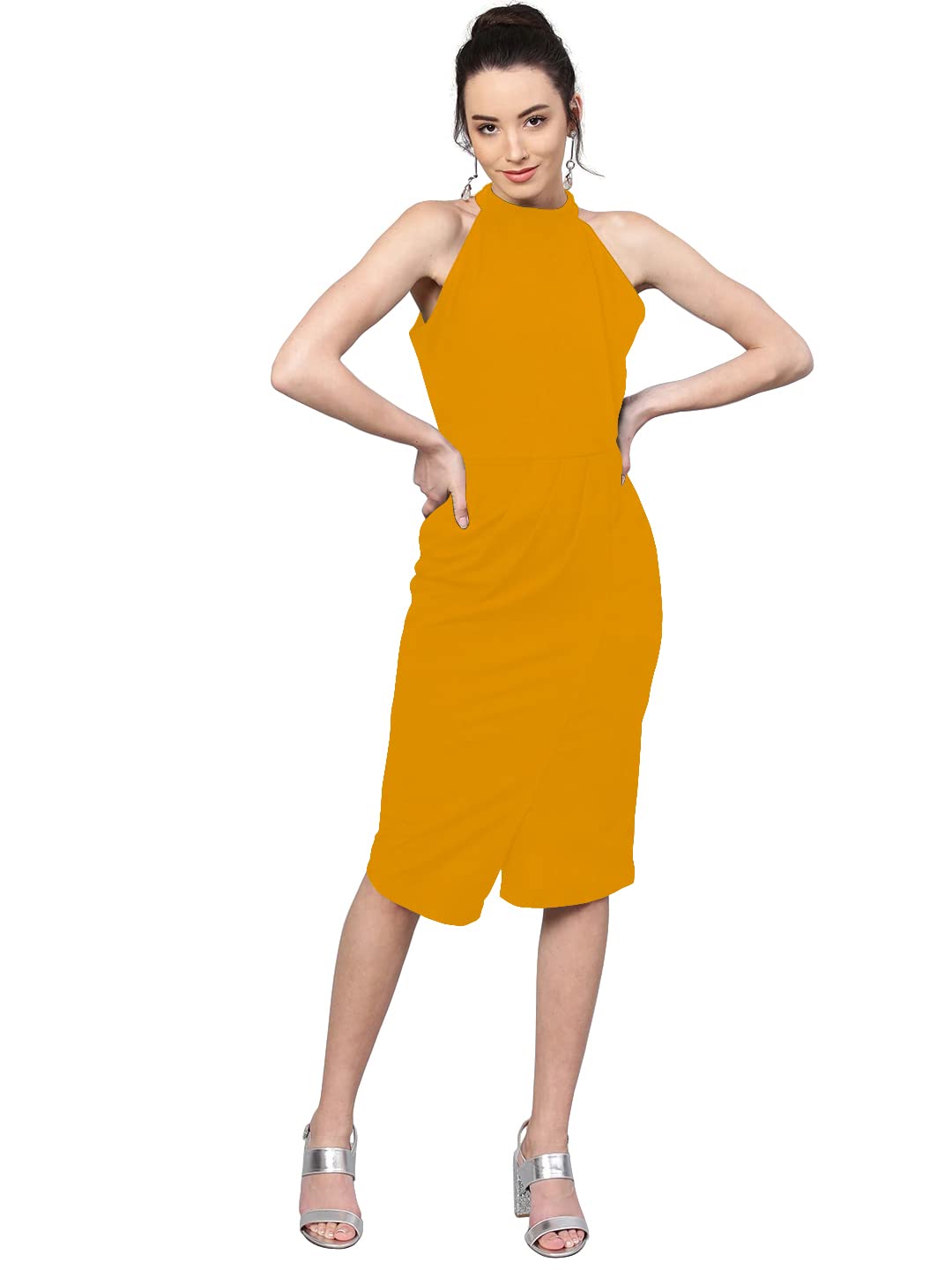 Shasmi WomenS Comfortable Mustard Halter Neck Sleeveless Solid Midi Bodycon Casual Western Stylish Dress For Womens/Midi Dress