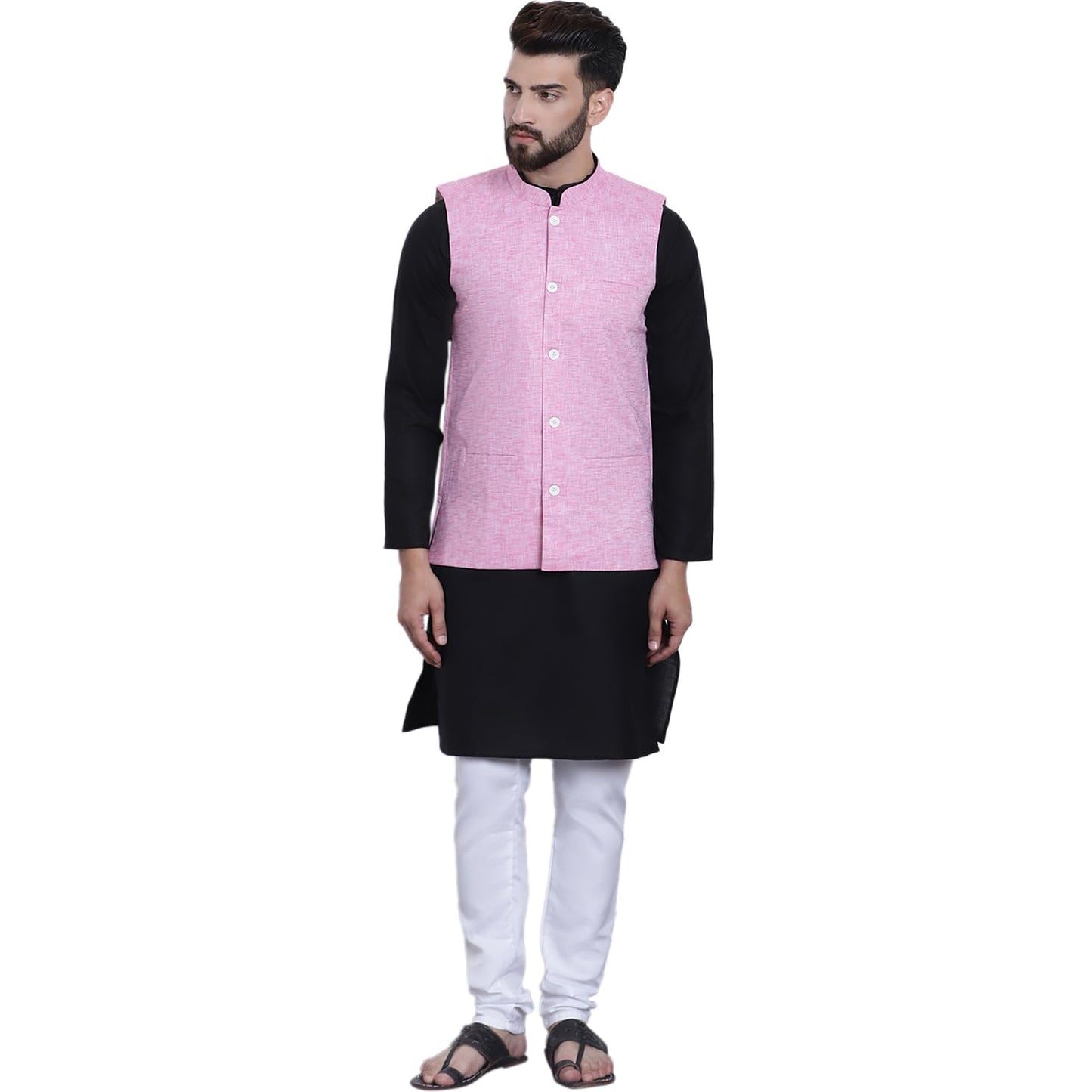 SOJANYA (Since 1958 Men's Black Kurta with white Pyjama & Pink Nehrujacket Combo