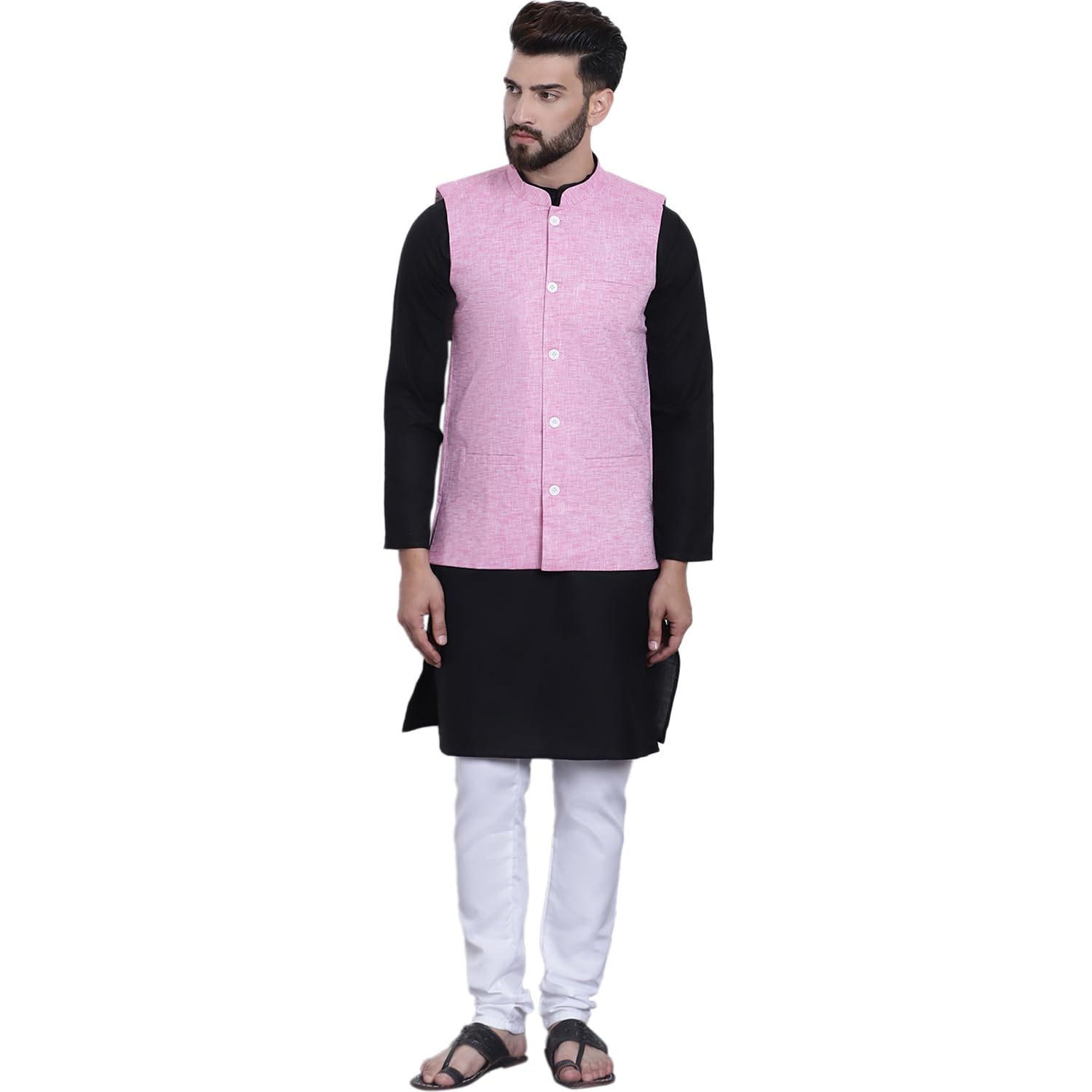 SOJANYA (Since 1958 Men's Black Kurta with white Pyjama & Pink Nehrujacket Combo