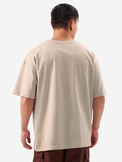 The Souled Store Drippy Cat Men and Boys Short Sleeves Round Neck Graphic Printed Cotton Oversized T-Shirts Beige