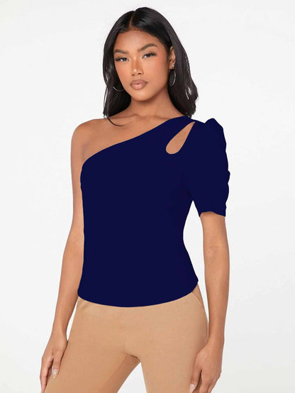 Shasmi Womens & Girls Navy Blue Short Puff Sleeve, One Shoulder Neck, Ruched Bust Solid Tops for Women/Tops, T-Shirts for Girl