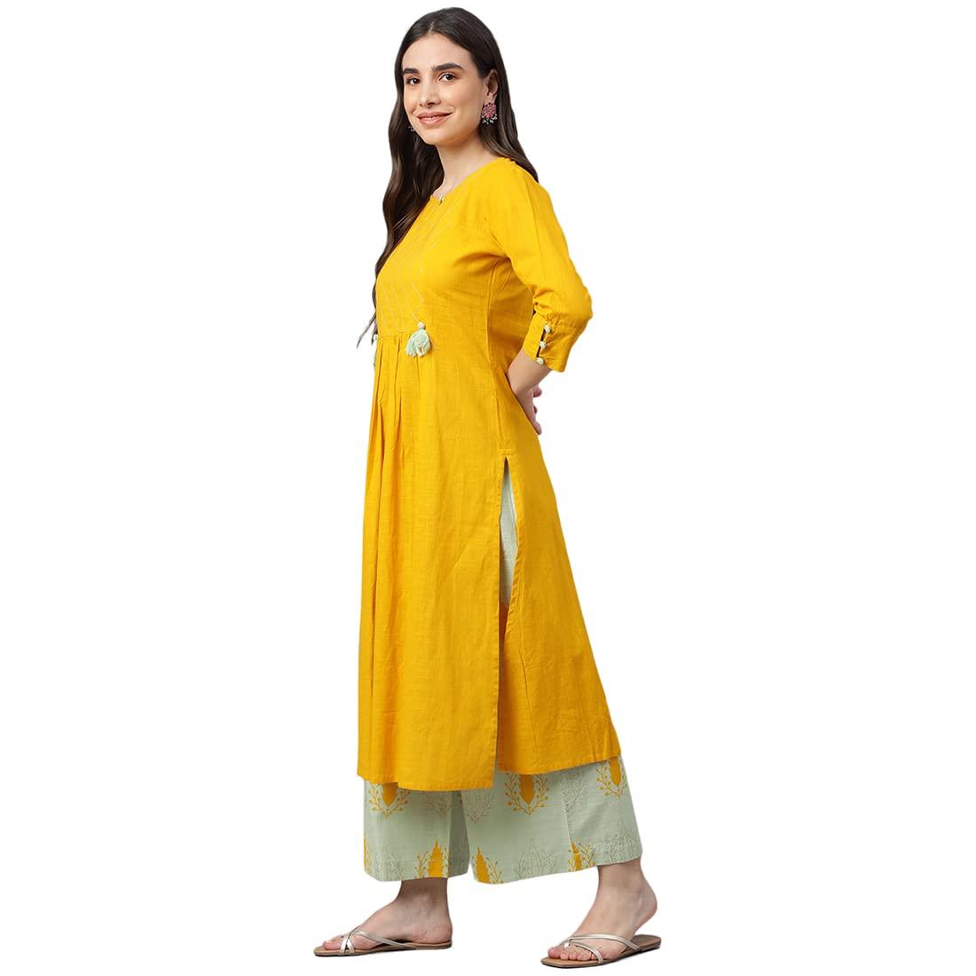Idalia Womens Ethnic Wear Sage Green And Mustard A-Line Cotton Kurta With Palazzo Set For Women Fashion