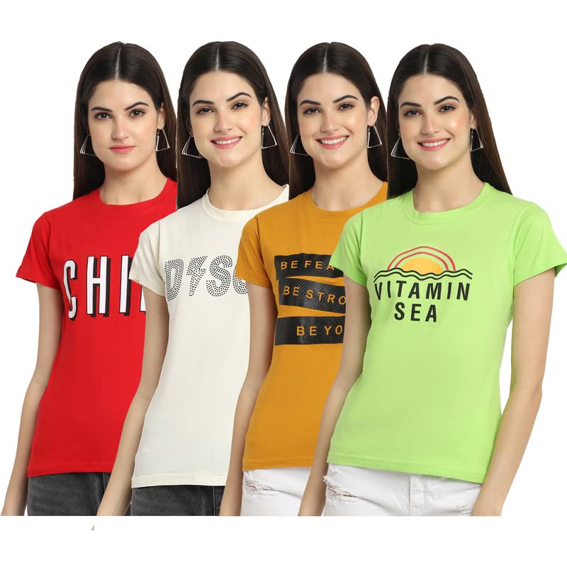 Preneum Womens Cotton Regular Fit Latest Graphic Stylish Printed Short Sleeves Casual T-Shirt || Trendy & Styles (Pack 4), Vita