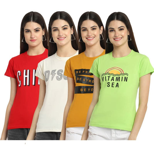 Preneum Womens Cotton Regular Fit Latest Graphic Stylish Printed Short Sleeves Casual T-Shirt || Trendy & Styles (Pack 4), Vita