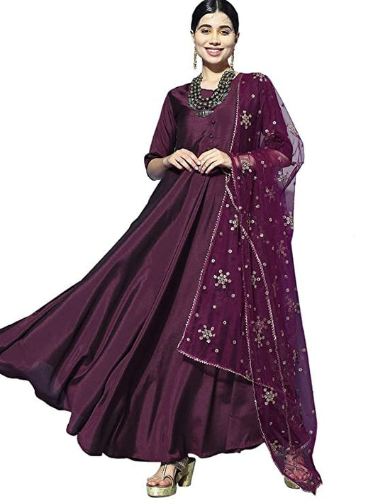 Womanista Women's Poly Georgette Burgundy Kurta Trousers & with Dupatta