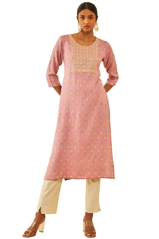 Soch Womens Onion Pink Rayon Floral Printed Straight Kurta with Thread Work