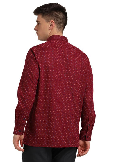 Turtle Men Cotton Linen Maroon Printed Slim Fit Full Sleeve Formal Shirt