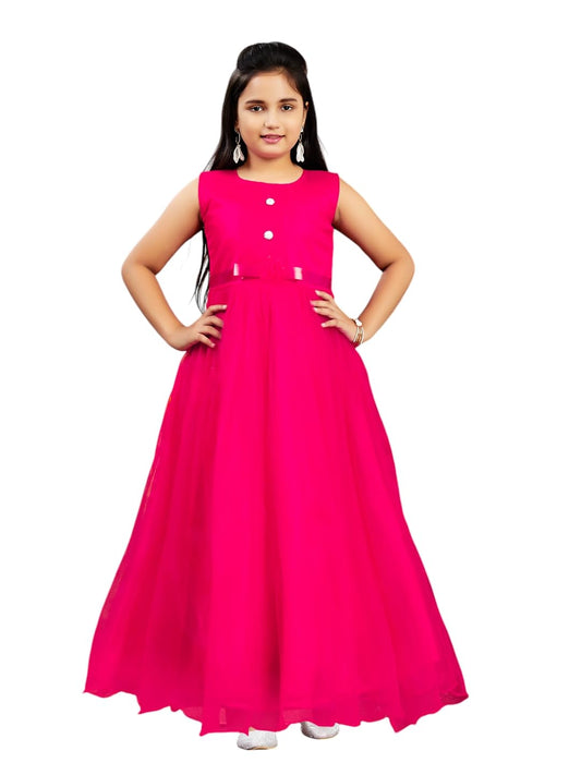 Aarika Girls Red Colour Solid Net Gown (9-12 Years)