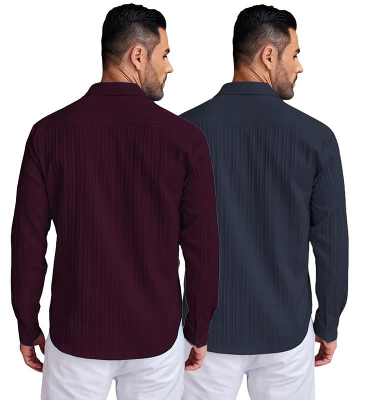 Deelmo Combo Of MenS Casual Button Down Shirts Long Sleeve Linen Shirt Fashion Textured Summer Shirts Pack Of 2