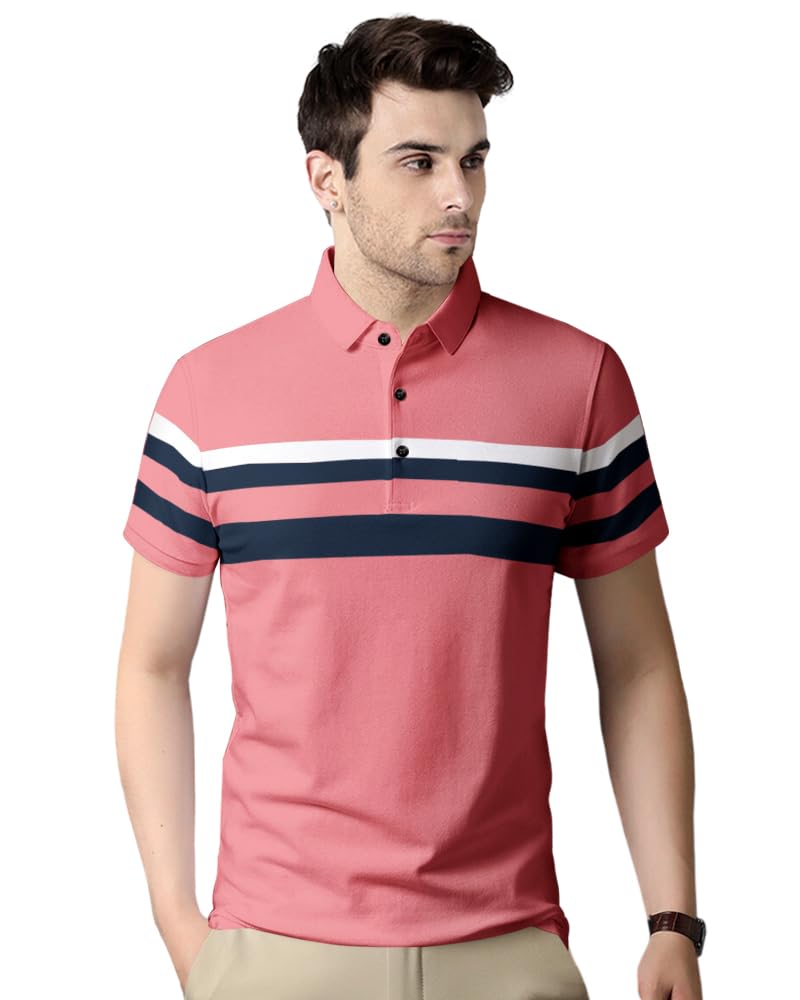 Noble Monk Polo Neck Half Sleeve Striped Print Casual Men Tshirt