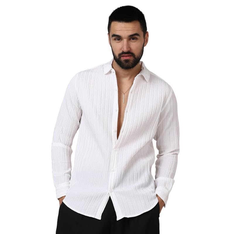 Campus Sutra Mens Chalk White Self-Design Striped Shirt for Casual Wear | Spread Collar |Long Sleeve | Button Closure | Shirt C