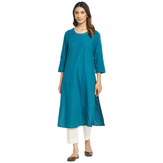 Fabindia Women Cotton Embroidered Long Kurta Blue
