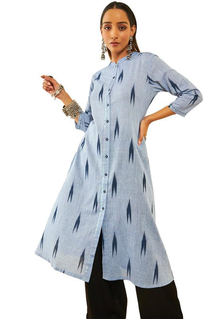 Soch Womens Blue Cotton Ikat Printed Straight Kurta With Sequins