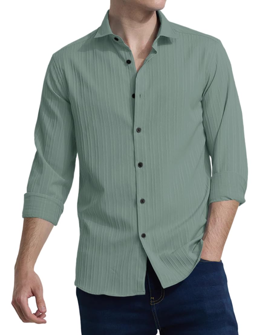 Finivo Fashion MenS Casual Cotton Plain Button Down Shirts Full Sleeve Textured Summer Beach Shirt For Men Green