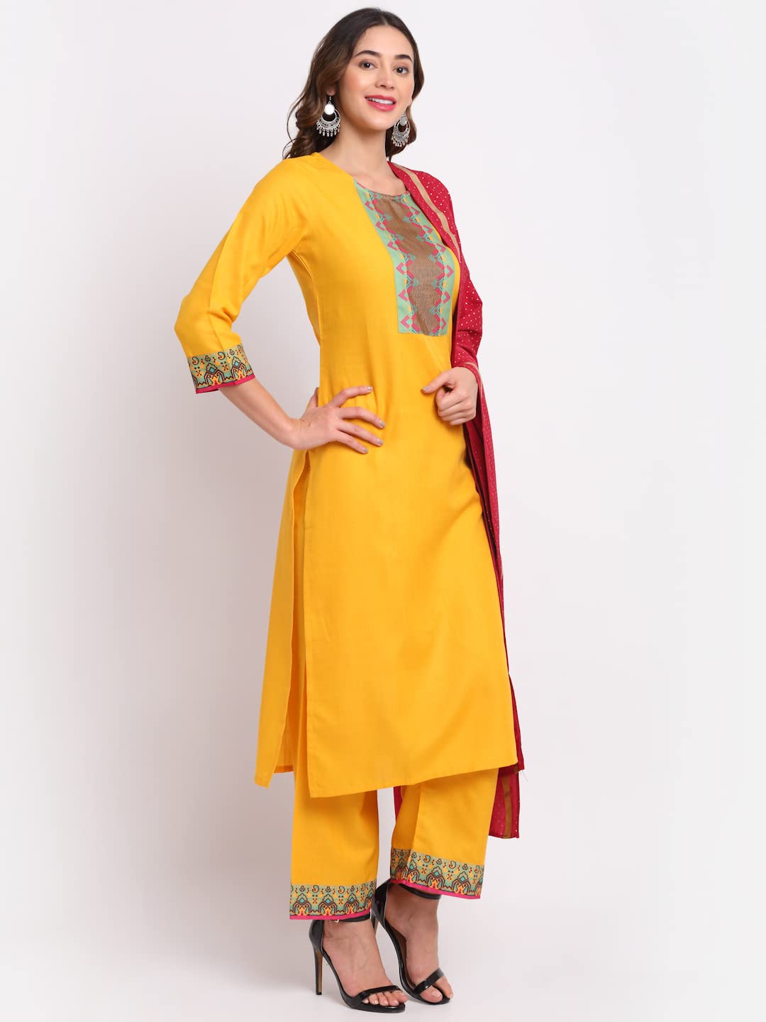 ANNI DESIGNER Women's Cotton Straight Kurta with Palazzo & Dupatta (HANI Yellow)