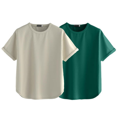 Juneberry Pure 100% Cotton Oversized Loose Baggy Fit Round Neck With Drop Shoulder Half Sleeves Boyfriend T-Shirt Combo For Wome