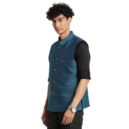 Turtle Men Poly Viscose Teal Blue Solid Party Nehru Jacket