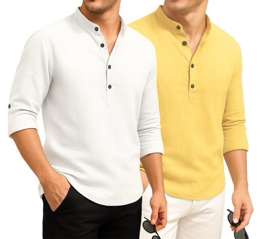 Deelmo Combo Of MenS Cotton Blend Solid Regular Fit Full Sleeve Short Kurta | MenS Trendy Short Kurta Pack Of 2 White - Yellow