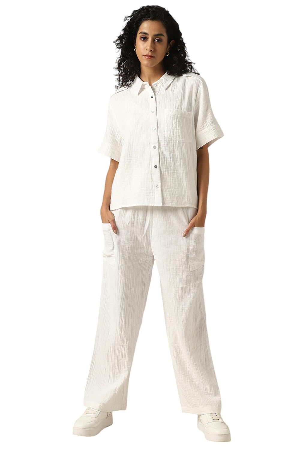 Hubberholme Women Cotton Solid Oversized Fit High-Rise Spread Collar Half Sleeves Co-Ord