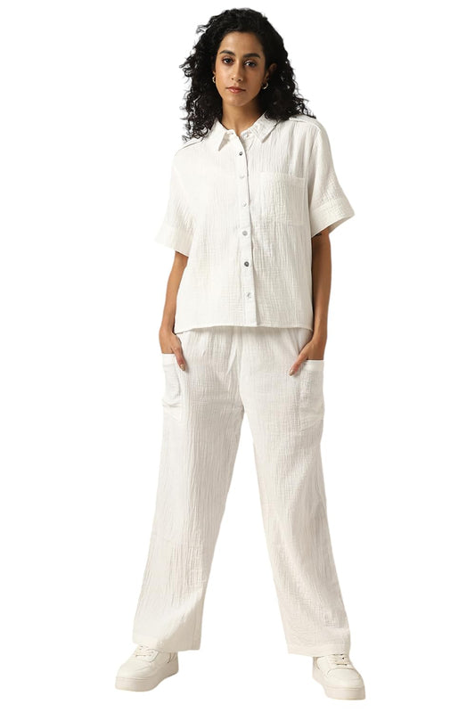 Hubberholme Women Cotton Solid Oversized Fit High-Rise Spread Collar Half Sleeves Co-Ord
