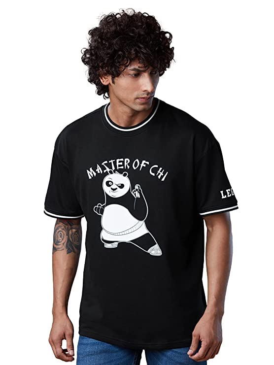 The Souled Store | Men Official Kung Fu Panda Master of Chi Round Neck Black Color | Printed Half Sleeve | 100% Cotton Oversized