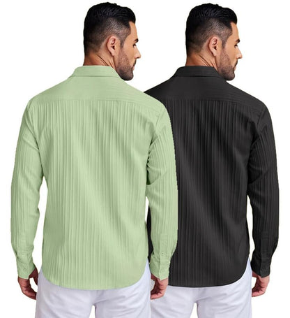 Deelmo Combo Of MenS Casual Button Down Shirts Long Sleeve Linen Shirt Fashion Textured Summer Shirts Pack Of 2