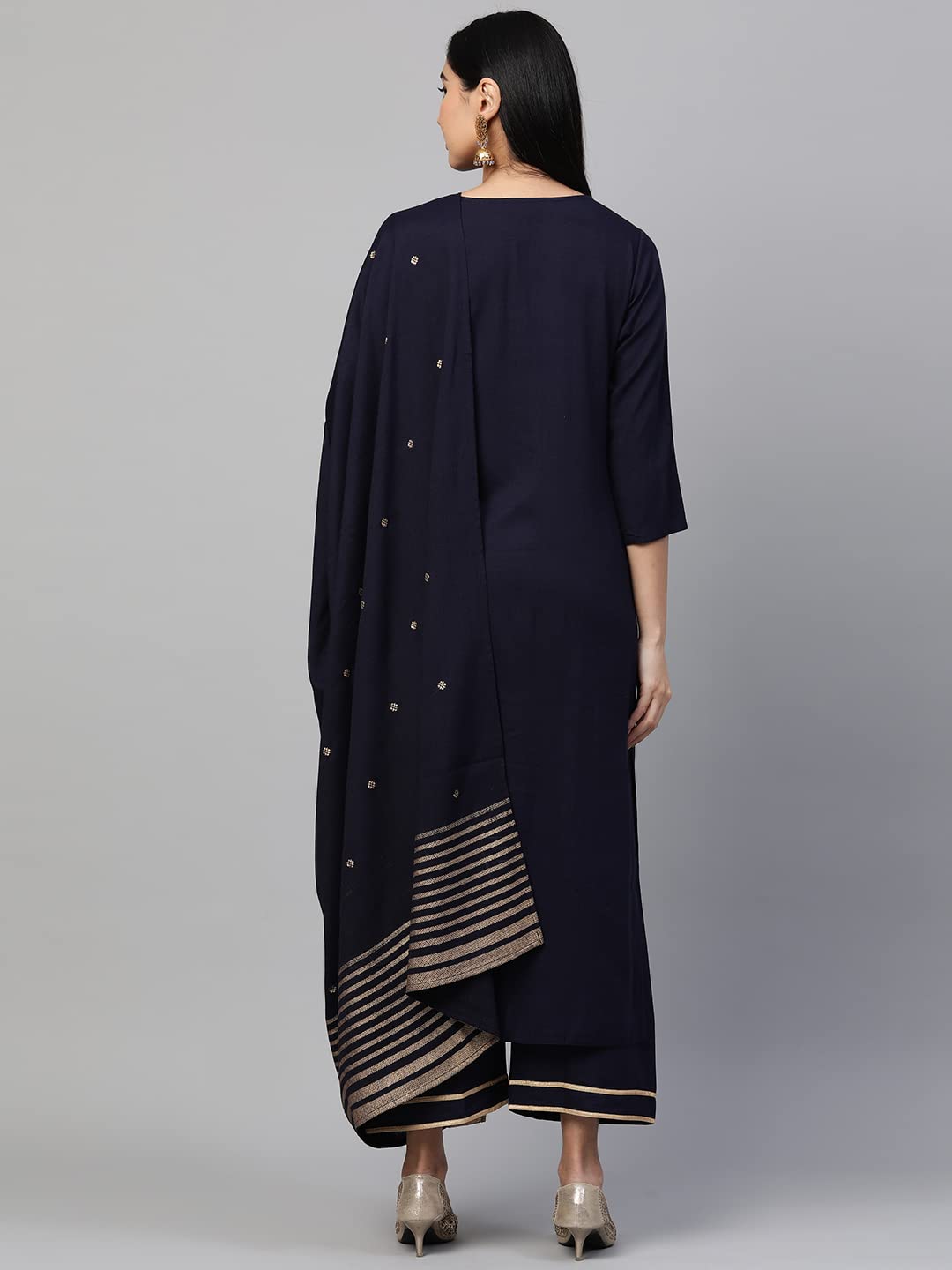 ANNI DESIGNER Women's Cotton Straight Kurta with Palazzo & Dupatta (EKAA Navy Blue)