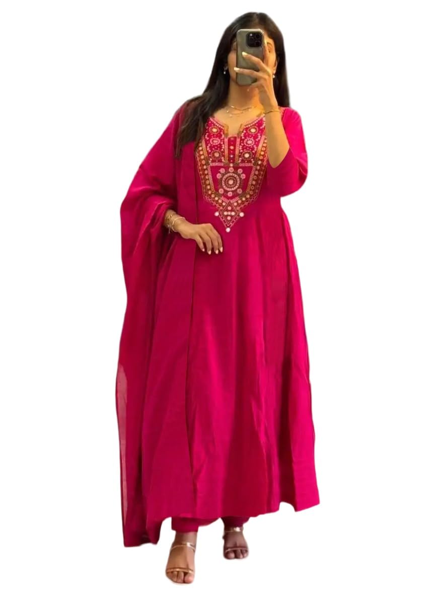 Anni Designer WomenS Viscose Anarkali Embroidery Kurta With Palazzo And Dupatta (Magna Pink-Vks01_S_Pink_Small)
