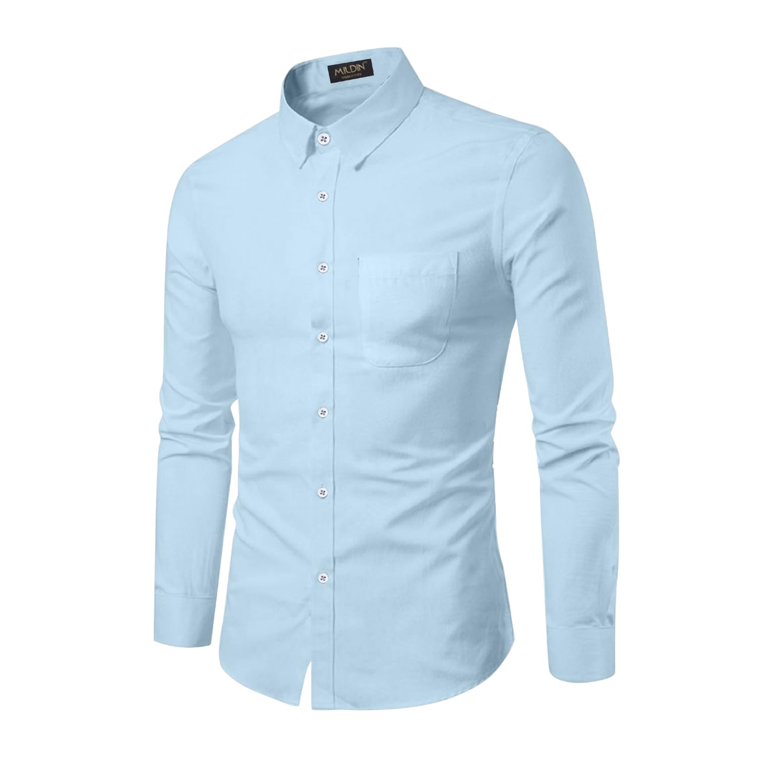 Mildin MenS Regular Cotton Blend Light Blue Slim Fit Solid Button Down Spread Collar Full Sleeve Curved Hemline Formal Shirt Wi