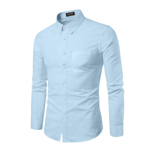 Mildin MenS Regular Cotton Blend Light Blue Slim Fit Solid Button Down Spread Collar Full Sleeve Curved Hemline Formal Shirt Wi