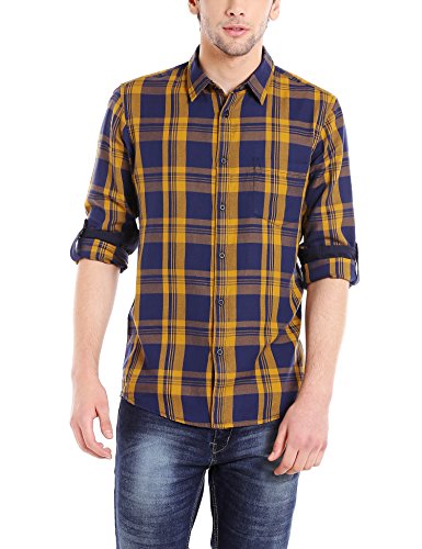 Dennis Lingo MenS Cotton Mustard Checkered Slim Fit Full Sleeves Spread Collar Casual Shirt