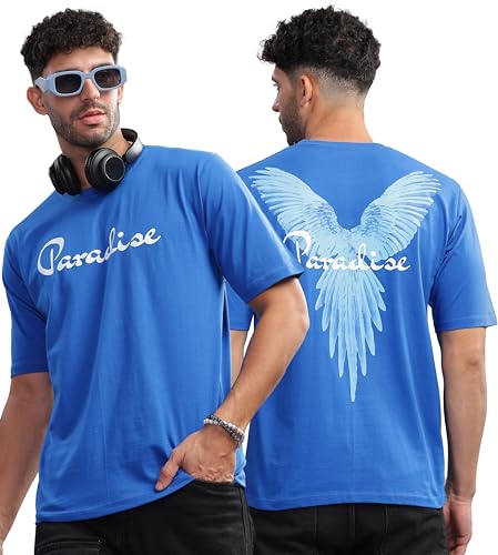 KYDA Mens 100% Pure Cotton Relaxed Fit Drop Shoulder Premium Front & Back Printed Blue Oversized T-Shirt for Summer