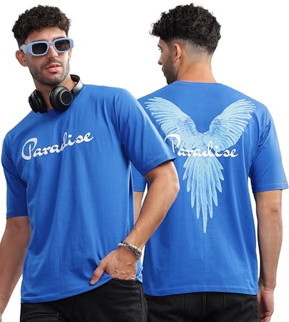 KYDA Mens 100% Pure Cotton Relaxed Fit Drop Shoulder Premium Front & Back Printed Blue Oversized T-Shirt for Summer