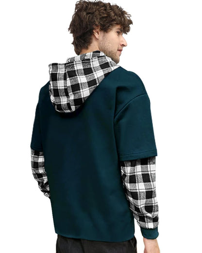 Eyebogler Mens Regular Fit Hooded Neck Full Sleeve Tshirt Teal Blue - White