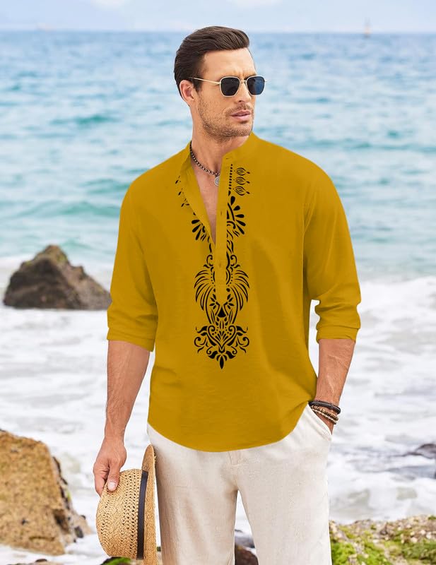 Finivo Fashion MenS Cotton Blend Short Kurta With Bold Printed Front Design | Full Sleeve Ethnic Casual Kurta With Mandarin Coll