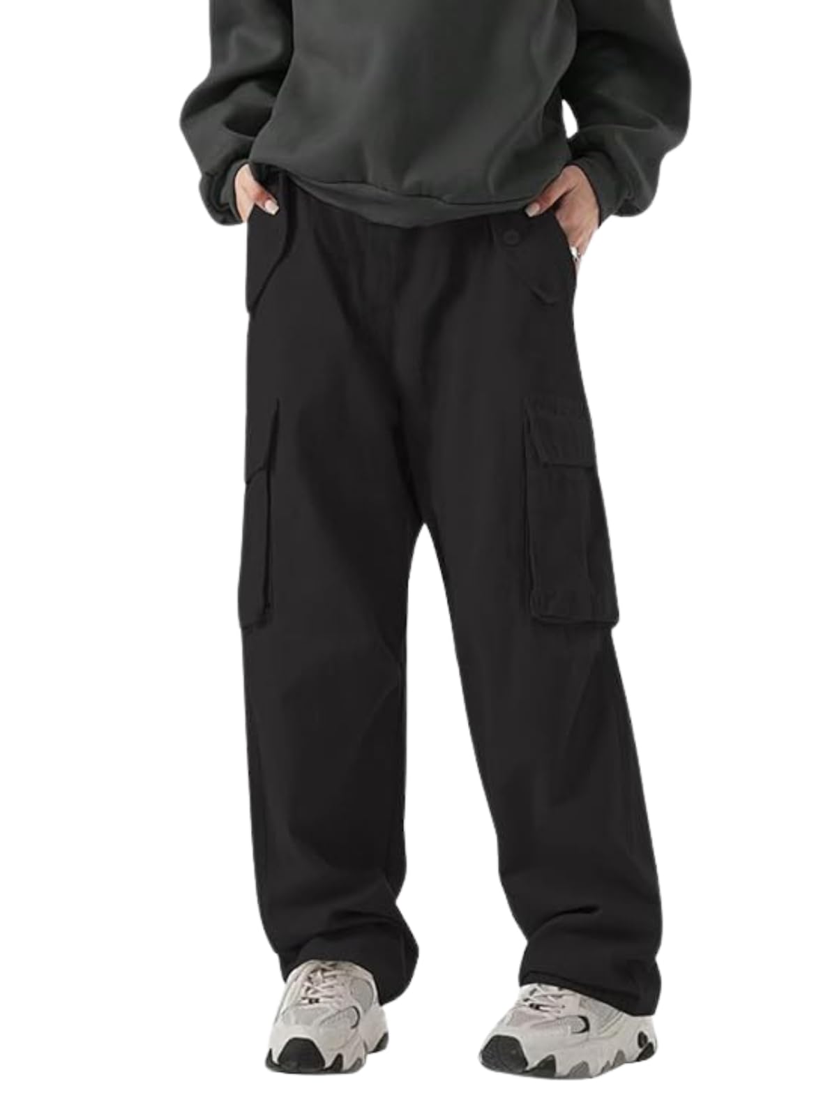 Greciilooks MenS Loose Low Rise Cargo Pants | Baggy 6 Pocket Lower Pant | Casual Cotton Pents | Formal Trousers Black