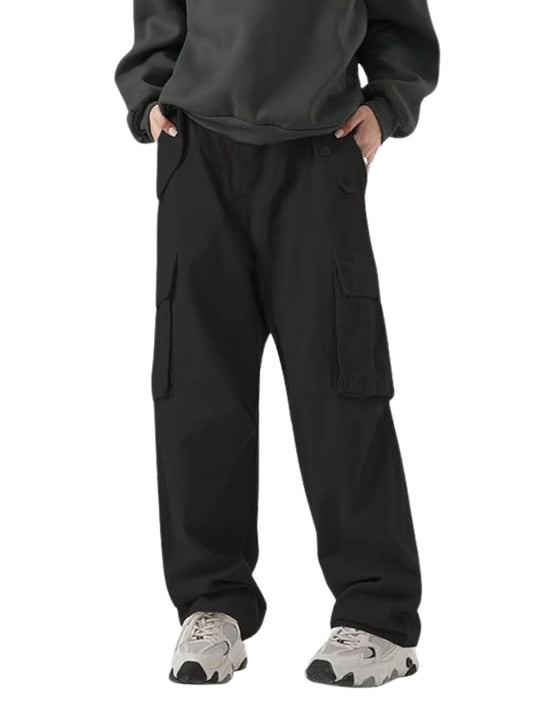 Greciilooks MenS Loose Low Rise Cargo Pants | Baggy 6 Pocket Lower Pant | Casual Cotton Pents | Formal Trousers Black