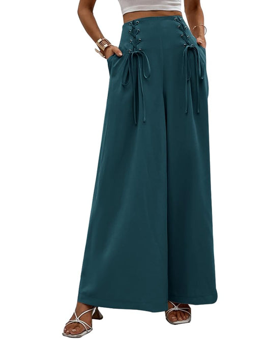 Noble Monk Women Flared Plazzo Pant | Wide Leg | Loose Fit Pant For Women Teal Blue