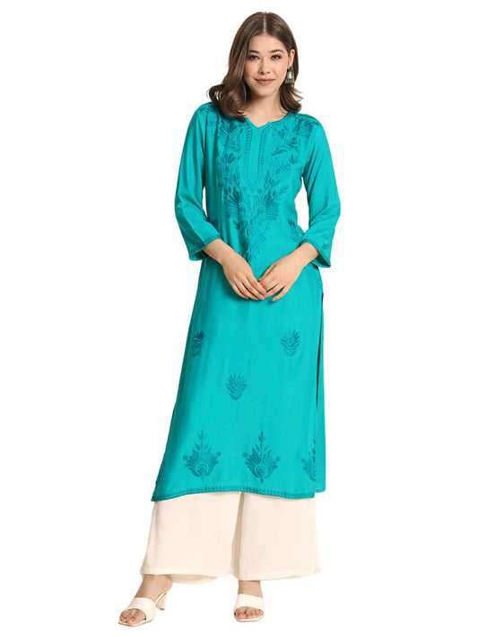 VAIRAGEE Womens Rayon Straight Cut Round Neck Kurta with Beautiful Lucknowi Chickenkari Work (1593) Sea Green
