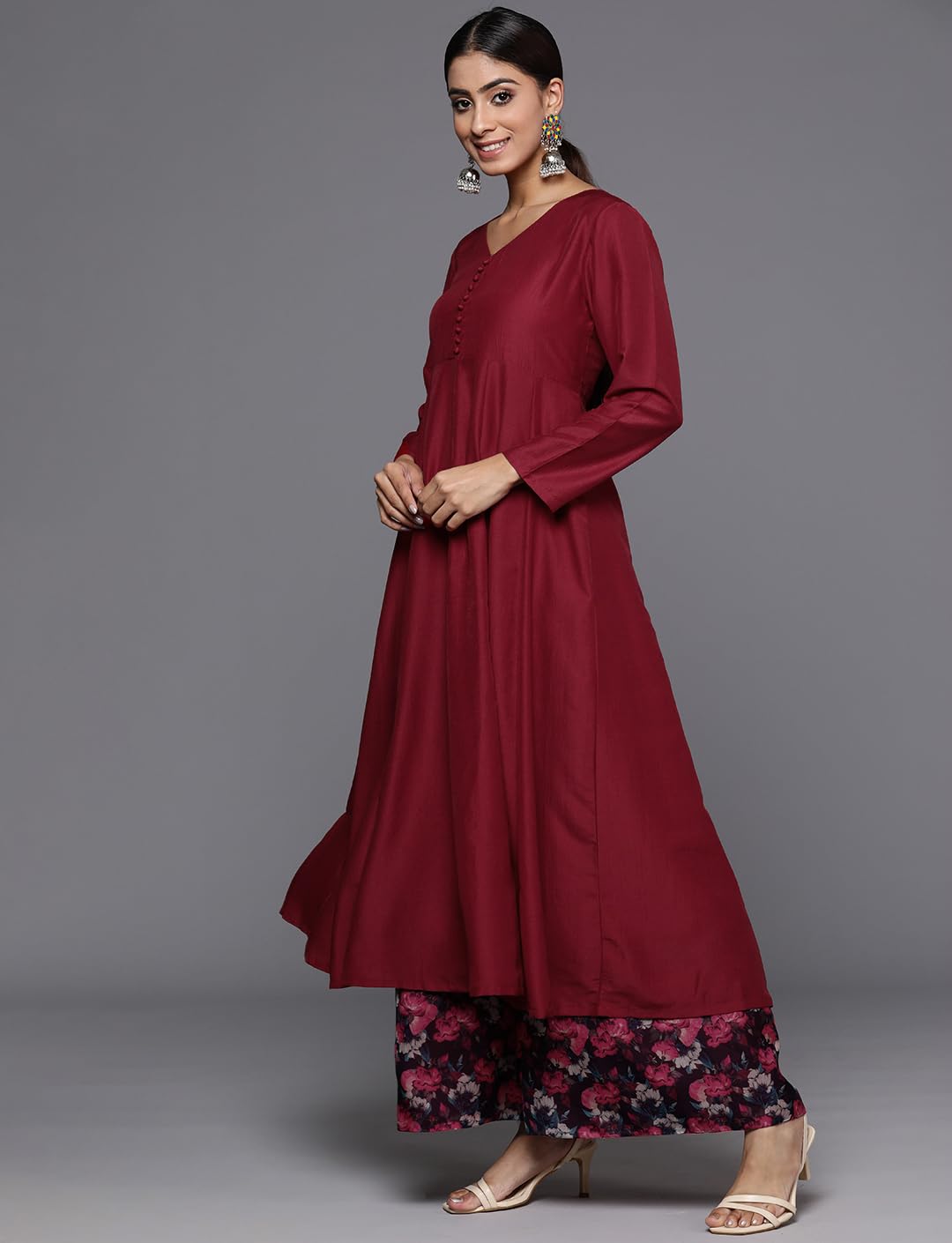 VARANGA Women's Silk Blend Regular Kurta Set (NV_VSKD31499_VARDUP1463_Maroon