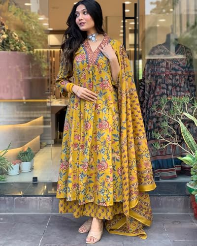 GoSriKi Women's Anarkali Kurta Set with Palazzo & Dupatta, XL, Yellow, Model CIA-CLRS-GS