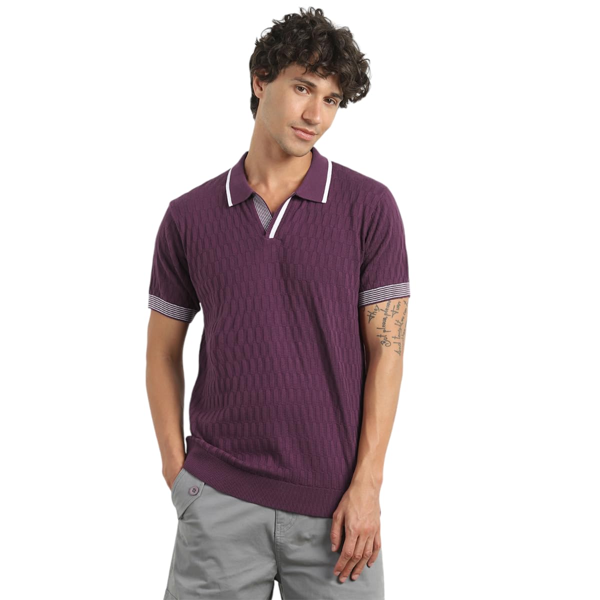 Nobero MenS Self Design Regular Fit Polo Shirt (1M-Twpo-R0023_Midnight Plum-Grid Knit